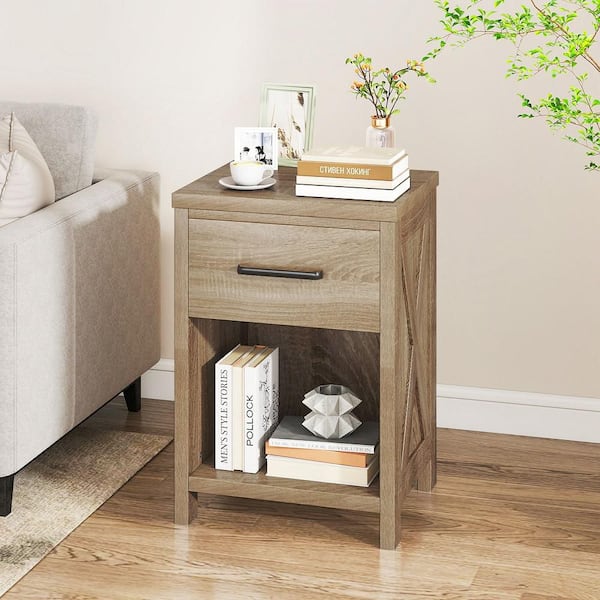 Nightstand Sofa Side Table Rustic Natural End Table w/ Drawer & Shelf for Living Room