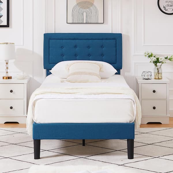 VECELO Upholstered Premium Platform Bed Frame，39.3 In. W，Blue Twin Size ...