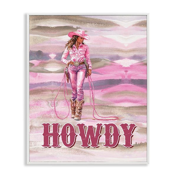 Stupell Industries Pastel Howdy Cowgirl by Lettered and Lined White Framed People Giclee Art Print 20 in. x 16 in.