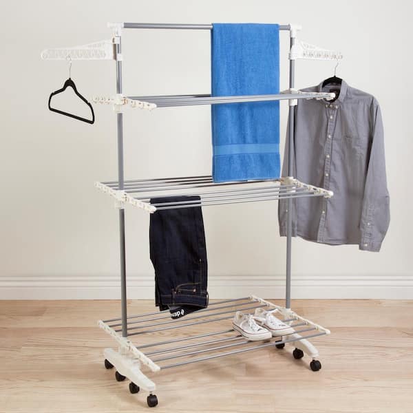 Clothes Drying Racks, 3 Tier Collapsible Rolling Dryer Clothes Hanger Rack  Rail Stand with Side Wings, Stainless Steel Clothes Airer for Laundry, Sky