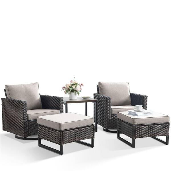 Carlos Beige 5-Piece All-Weather Brown Wicker Patio Conversation Set with Swivel Chairs and Ottomans