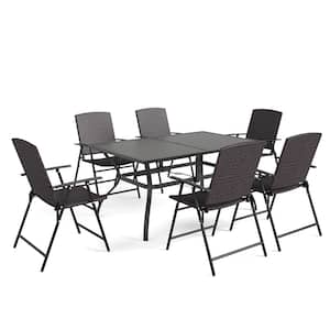 Black 7-Piece Metal Slat Rectangle Table Patio Outdoor Dining Set with Folding Reclining Rattan Chairs