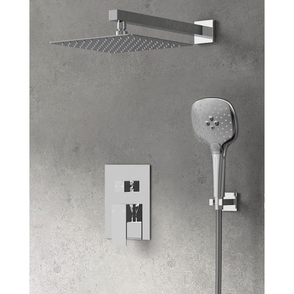GRANDJOY Classic Rain 2-Spray Square High Pressure Wall Bar Shower Kit with 3 Modes Hand Shower in Chrome (Valve Included)