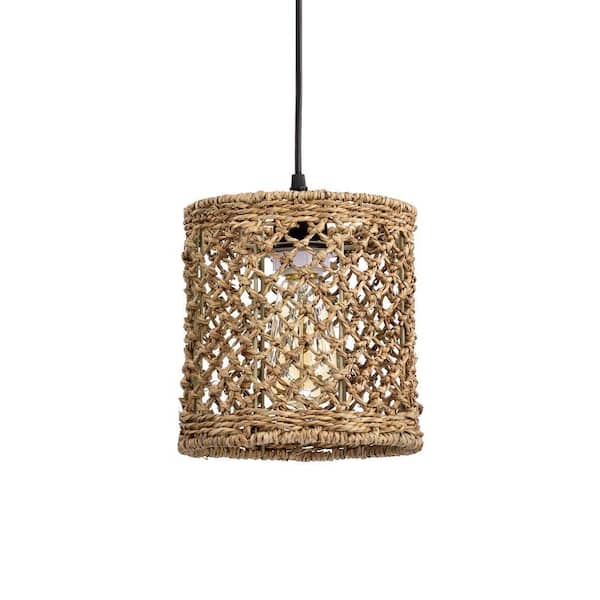 55.9 in. 1-Light Shaun Rattan Woven Brown Indoor Pendant Light with Light Kit