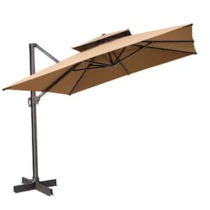 11 ft. Tan Polyester Square Tilt Cantilever Patio Umbrella With Stand