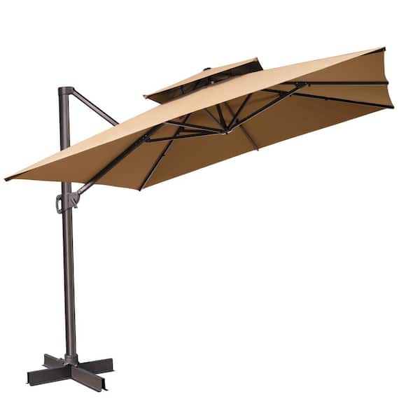 HomeRoots 11 ft. Tan Polyester Square Tilt Cantilever Patio Umbrella With Stand