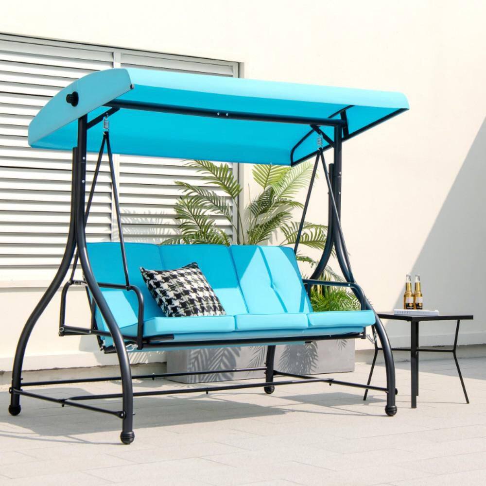 Sky Blue 3-Seat Outdoor Swing with Adjustable Canopy