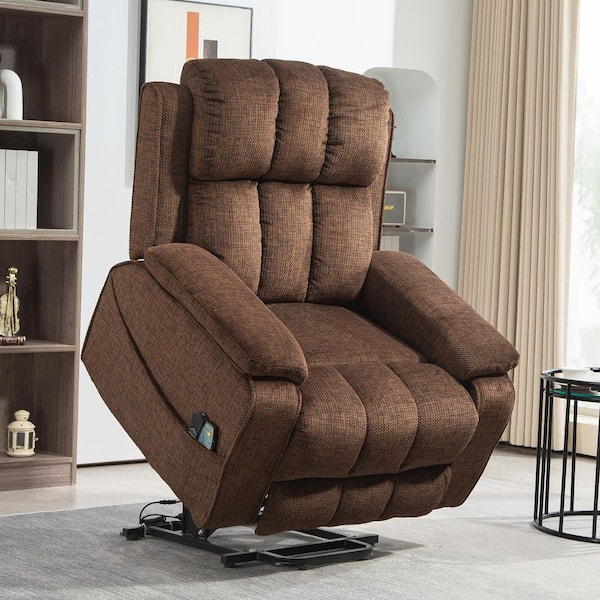 YOFE Upgraded Flagship Oversized Brown Chenille Power Lift Recliner Chair w/Extended Footrest & Pull-Out Side Storage