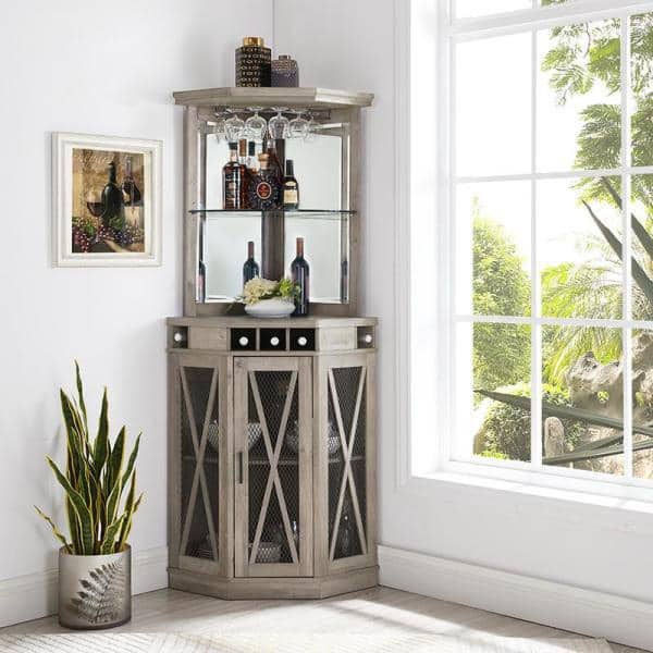 Source Stone Grey Corner Bar Unit, Corner Bar Cabinet With Wine Storage