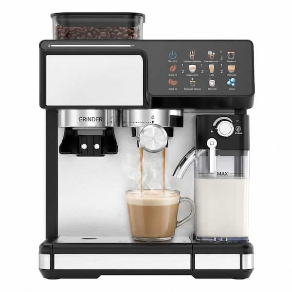 2-Cup 3-in-1 Espresso Machine Coffee Maker in Silver with Built-in Grinder, Hot and Cold Brew and Automatic Milk Frother
