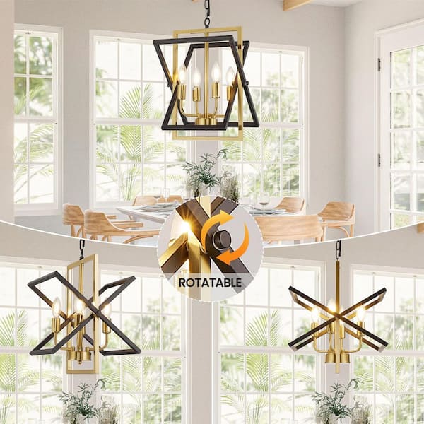 4-Light Geometric Pendant Light Fixture Industrial Lantern Hanging Chandelier in Black and Gold for Kitchen Dining Room