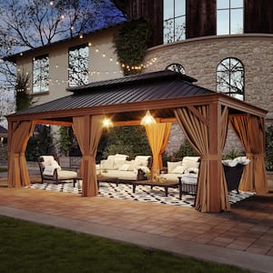 20 ft. x 12 ft. Wood Grain Double Galvanized Steel Roof Hardtop Gazebo with Ceiling Hook, Curtains and Netting