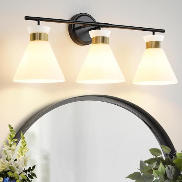 KAISITE 26.4 in. 3-Light Black and Gold Vanity Light with Milk White Glass Shade Modern Bathroom Light Fixture