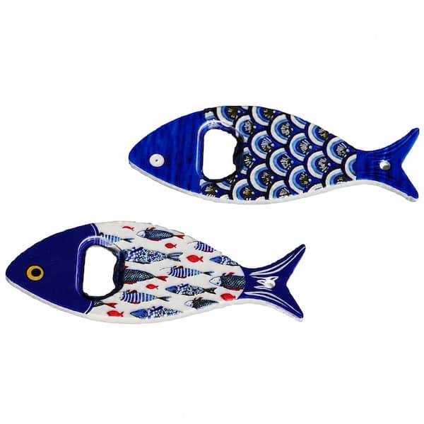 2-Pack Magnetic Beer Bottle Opener for Refrigerator, Decorative RV and Kitchen Wall Mount, White and Blue