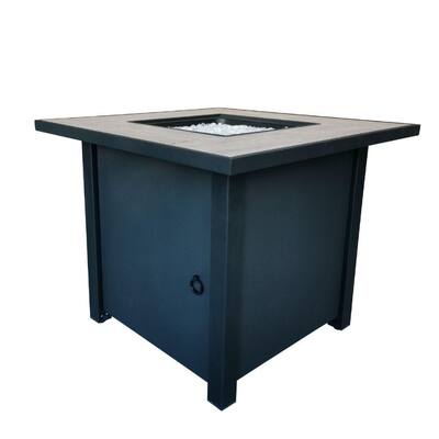 Black Square Metal Frame Fire Pit Table with Decorative Rocks