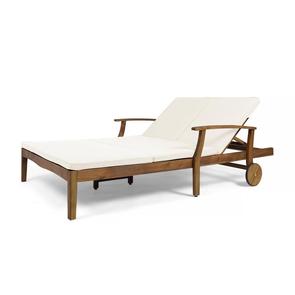 Scandinavian Teak Wood Double Chaise Lounge with Cream Cushions