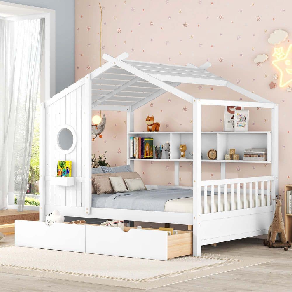 White Wood Frame Full Platform Bed with 2-Drawers, Storage Shelf price history on PriceWatchPro