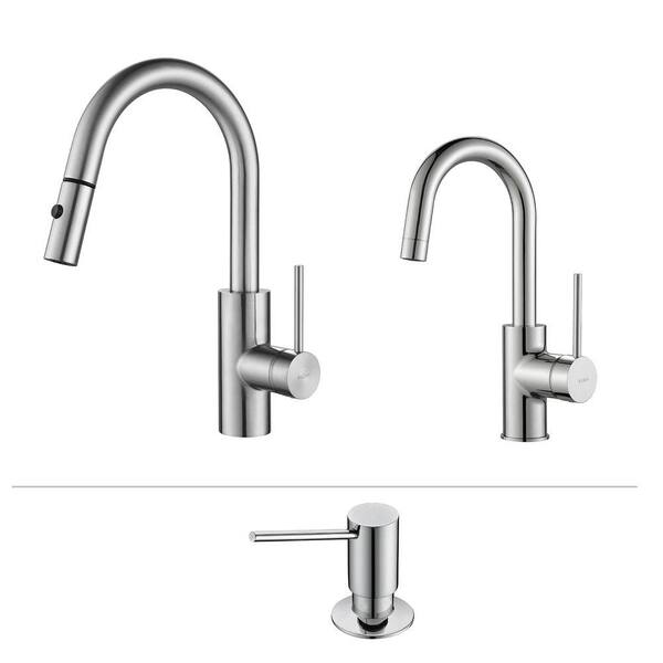 KRAUS Oletto Single-Handle Pull-Down Kitchen Faucet and Bar Faucet with Soap Dispenser in Chrome