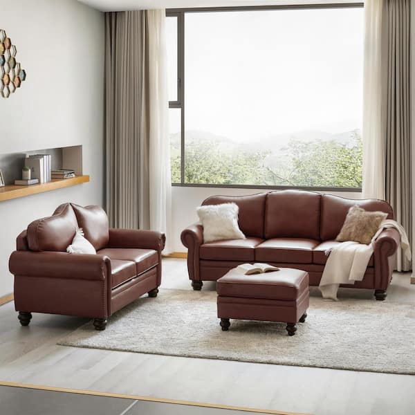 JAYDEN CREATION Sara Brown 5 Piece Genuine Leather Living Room Set with Nailhead Trims