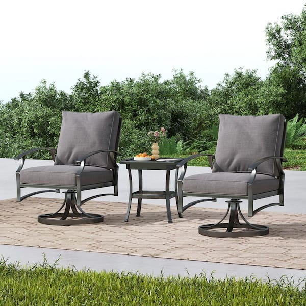 3-Piece Metal Swivel Outdoor Rocking Chairs Patio Conversation Set with Gray Cushions