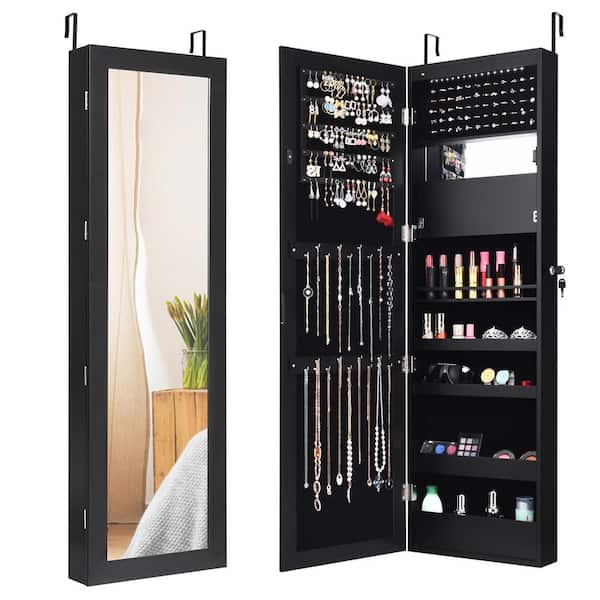 Costway Lockable Mirror Jewelry Cabinet Armoire Organizer Wall Door Mounted with LED Lights
