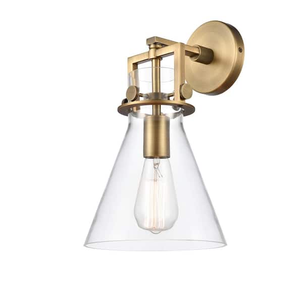 Innovations Newton Cone 1-Light Brushed Brass Clear Wall Sconce with Clear Glass Shade