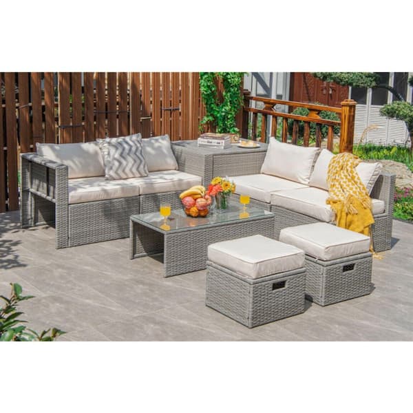 Kadehome 8-Piece Patio Rattan Metal Furniture Set with Cushions in Off White and Storage Table