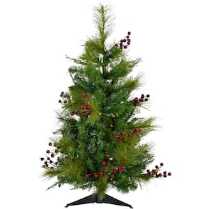 3 ft. Red Berry Mixed Pine Artificial Christmas Tree with Multi-Color LED Lights