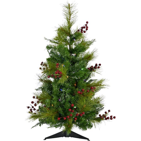 Christmas Time 3 ft. Red Berry Mixed Pine Artificial Christmas Tree with Multi-Color LED Lights