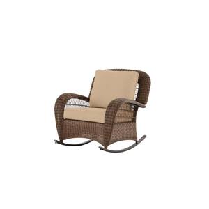 Beacon Park Brown Wicker Outdoor Patio Rocking Chair with Sunbrella Beige Tan Cushions