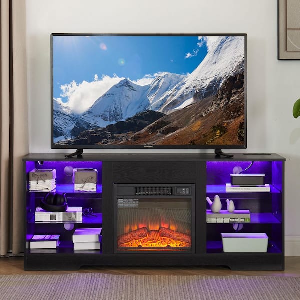 58 in. Freestanding Electric Fireplace TV Stand in Black with Bluetooth App, 2-Outlets 2-USB Ports, Fits 62 in. TV