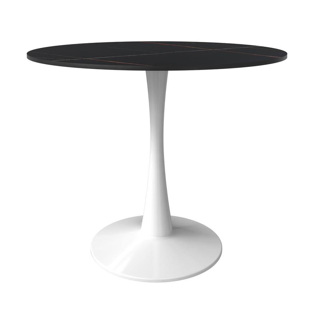 Bristol Round Black Marble Dining Table with White Pedestal Base