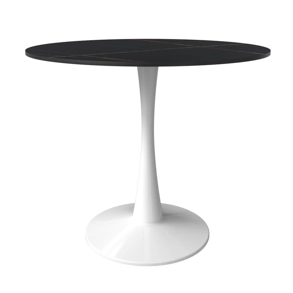Bristol Round Black Marble Dining Table with White Pedestal Base