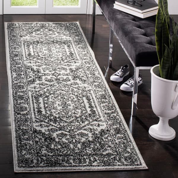 Adirondack Silver/Black 3 ft. x 18 ft. Border Medallion Runner Rug