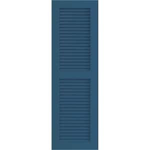 18 in. x 80 in. PVC True Fit Two Equal Louvered Shutters Pair in Sojourn Blue