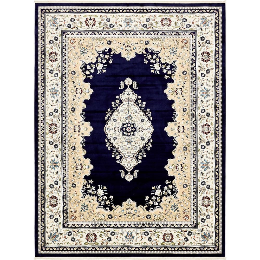 Elegant Navy Blue Floral 10' x 13' Synthetic Rectangular Rug