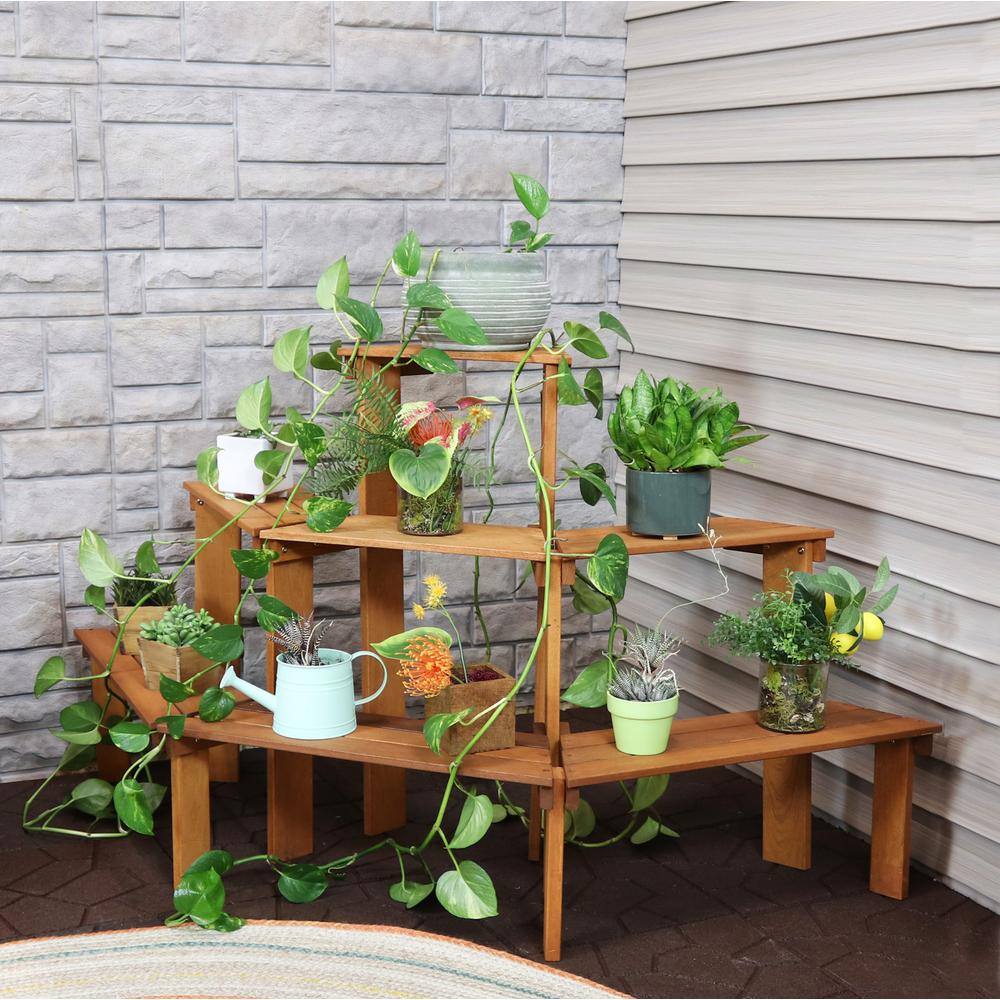 Sunnydaze 3-Tier Meranti Wood Outdoor Plant Stand with Teak Oil Finish