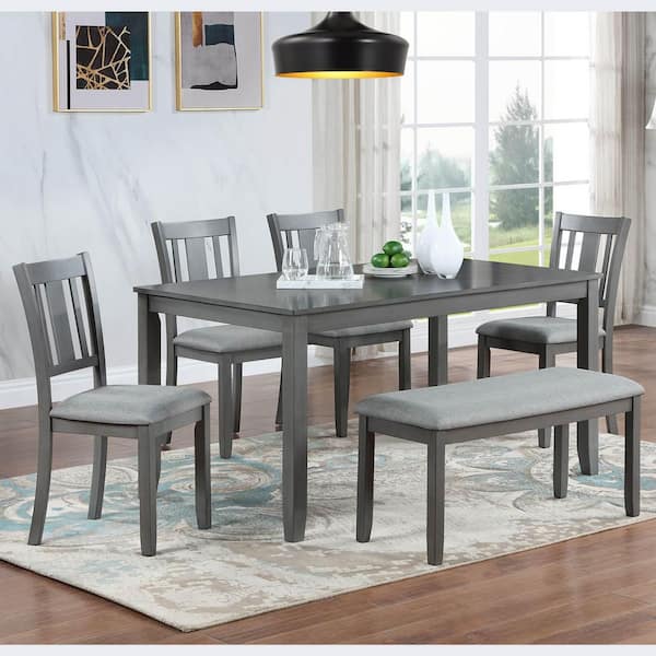 Polibi 6-Piece Rectangle Gray Wood Top Dining Room Set Seats 6 RS-96074 ...