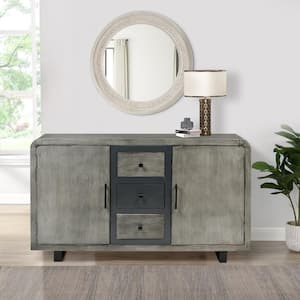 55 in. Industrial Style Matte Gray Mango Wood Sideboard Console with 2 Cabinets and Iron Handles