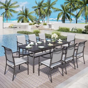 Black 9-Piece Metal Patio Outdoor Dining Sets with Extra-large Rectangle Table and Gourd-shaped Design Textilene Chairs
