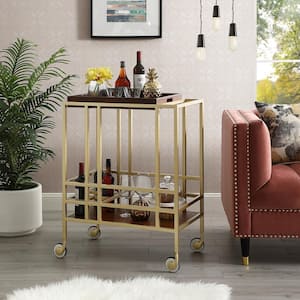 Mako Gold/Walnut Bar Cart with Removable Serving Tray