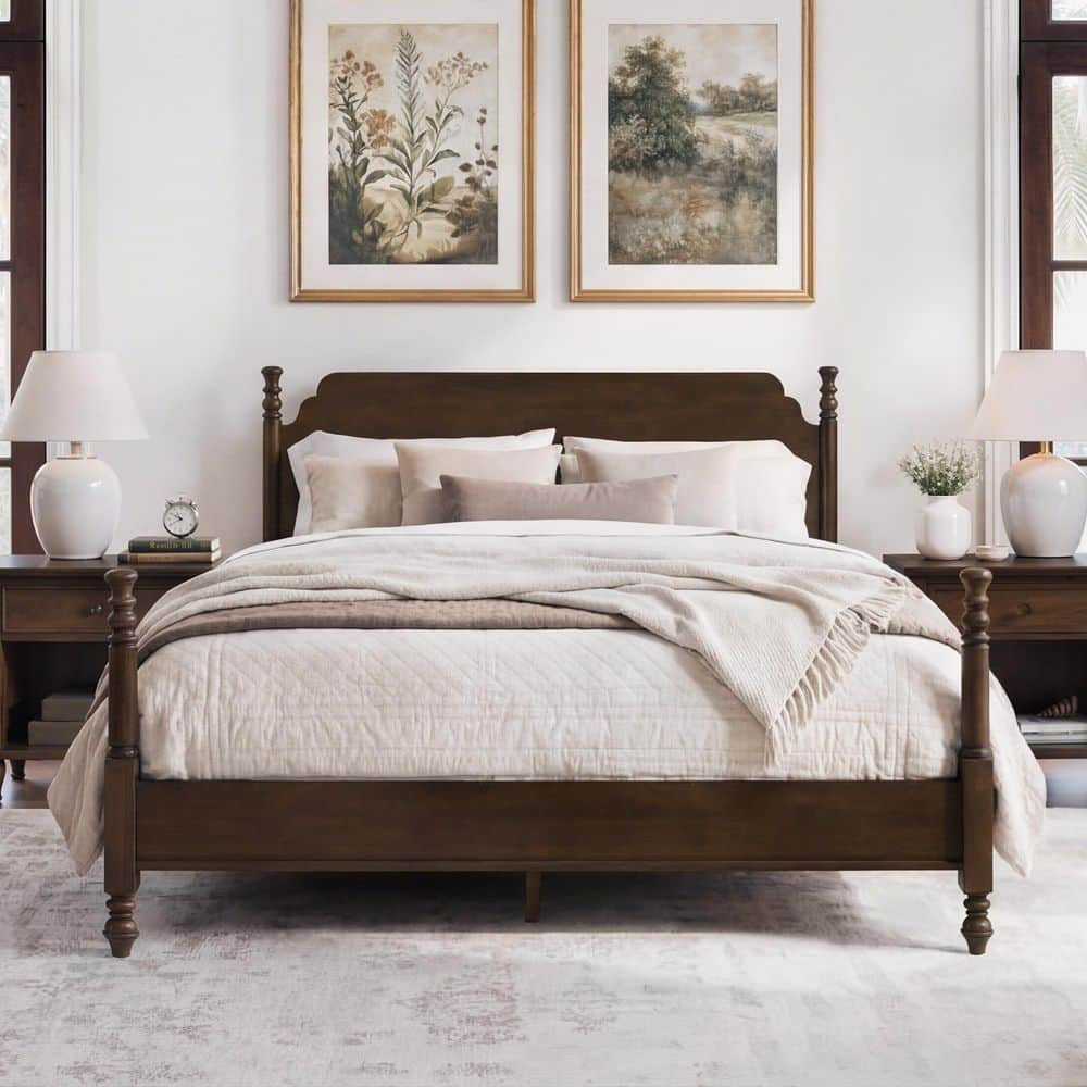 LUE BONA Cleo Dark Walnut Brown Solid Wood Frame Queen Four-Poster