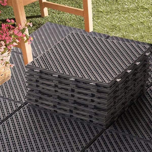 GOGEXX 12in.W x12in.L Outdoor Stripe Pattern Square Drain Plastic PVC Interlocking Flooring Deck Tiles (Pack of 9Tiles)in Brown