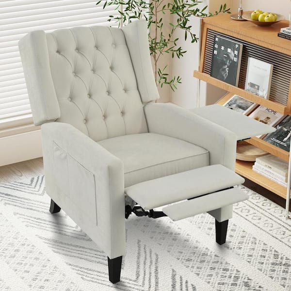 Esme Beige Polyester Manual Adjustable Wingback Recliner Chair with Foldable Side Table and USB Charge Port