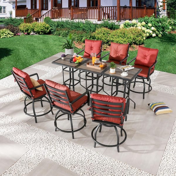 Patio Festival 9-Piece Metal Bar Height Outdoor Dining Set with Red Cushions