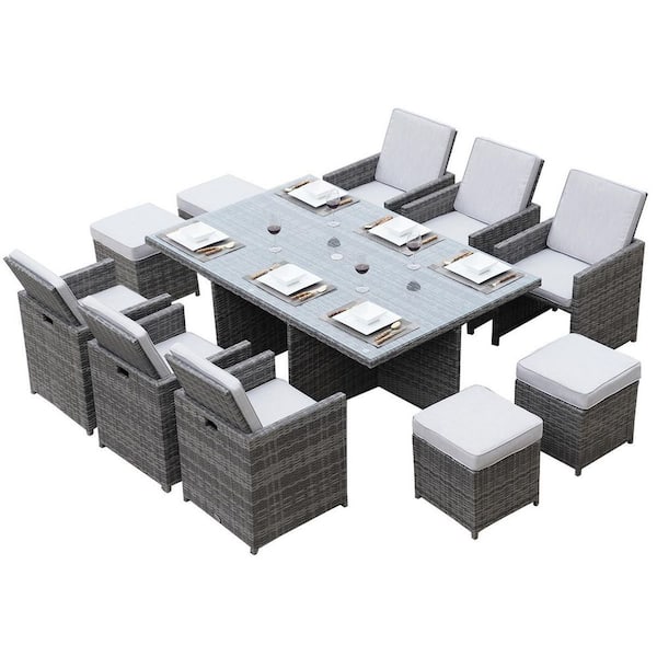moda furnishings Boise Grey 11-Piece Wicker Outdoor Dining Set with Grey Cushions