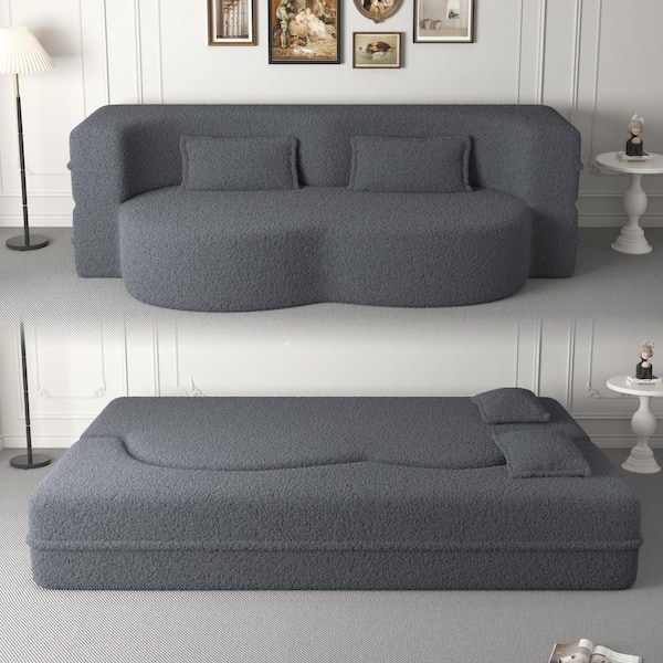 Unbranded 78 in Square Arm Fabric Curved 3-in-1 Sofa with Pillows, Foam-Filled Sleeper Sofa Bed ,15" Full Folding Mattress in Gray