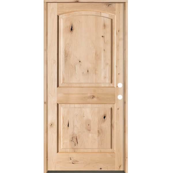 32 in. x 80 in. Rustic Knotty Alder 2-Panel Arch Top Left-Hand/Inswing Unfinished Wood Prehung Front Door
