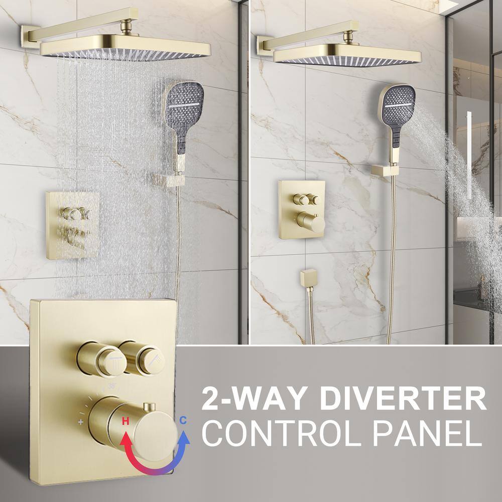 Brushed Gold Dual Square Rainfall Shower System with Handheld