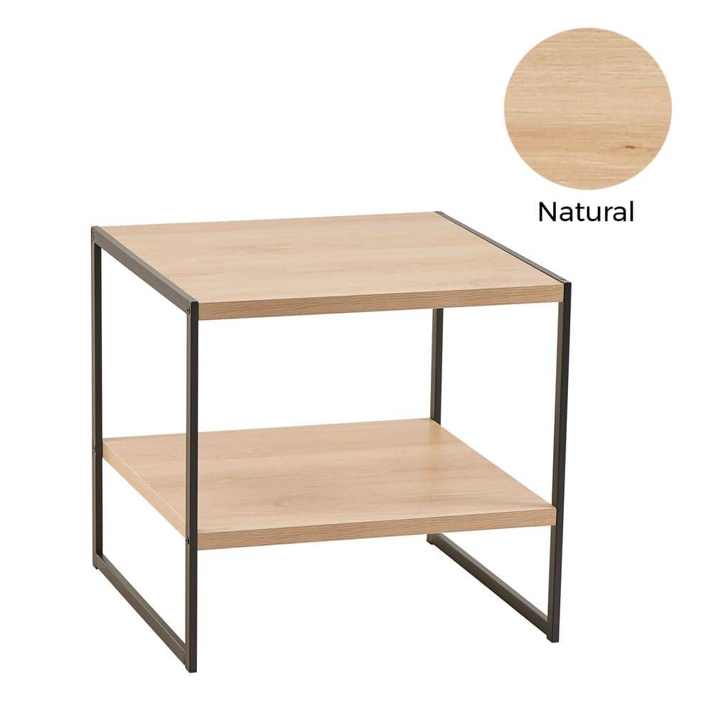 Natural Wood and Black Metal Square Side Table with Storage Shelf